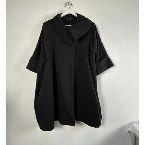 Yushi Women Small Black Oversized Coat Dress Wide Collar Short Sleeve Minimalist